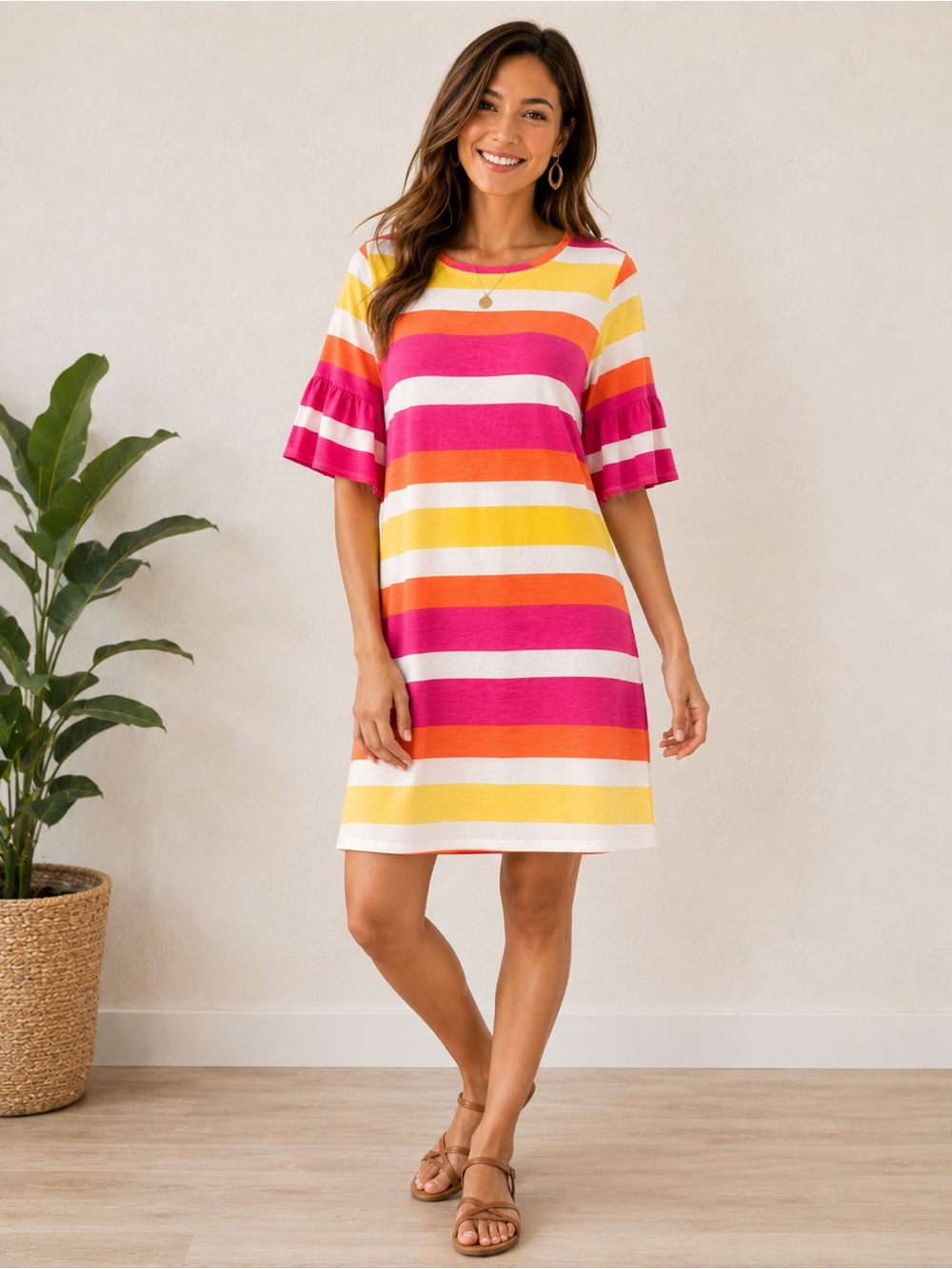 Chico's 100% cotton Striped Ruffle-sleeve knee length dress L